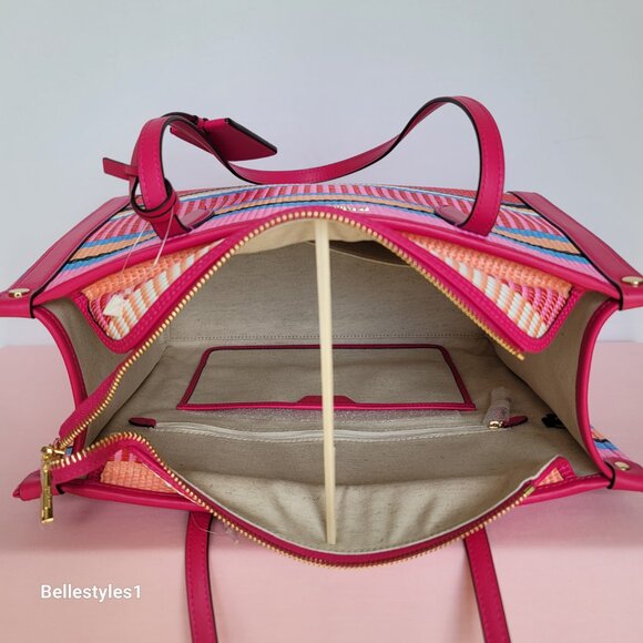 KATE SPADE Market Striped Woven Straw Medium Tote Bag-Wild Raspberry Multi ⭐ - Picture 13 of 16